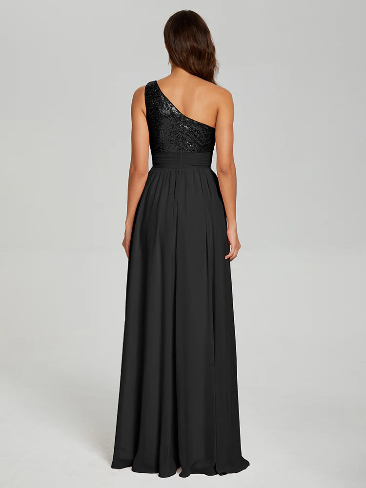 Elegant A-Line One Shoulder Sleeveless Zipper Up Floor-Length Prom Dress